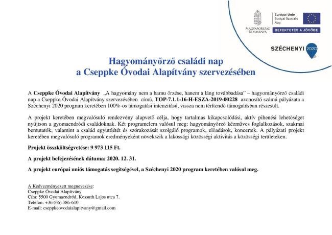 A helyi hagyományok ápolását támogató, valamint Családi és egészségmegőrző programok (TOP-7.1.1-16-H-012-4)