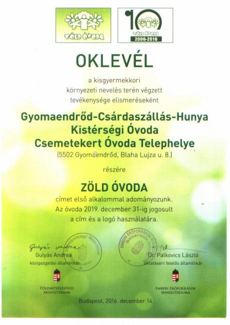 &amp;quot;Zöld Óvoda&amp;quot; cím adományozás