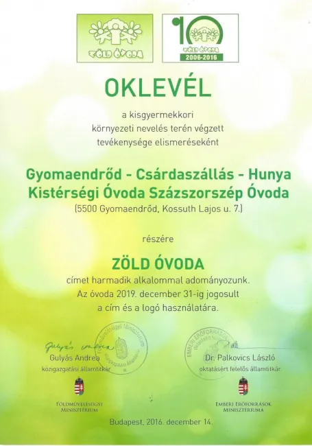 "Zöld Óvoda" cím adományozás