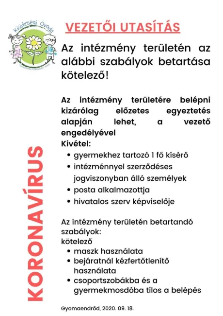 VEZETŐI UTASÍTÁS AZ INTÉZMÉNY TERÜLETÉN A KORONAVÍRUSJÁRVÁNY ELLENI VÉDEKEZÉS CÉLJÁBÓL