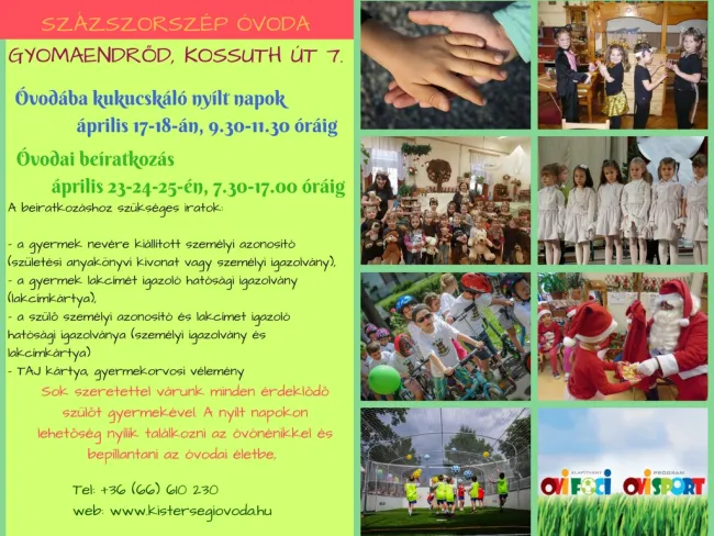 ÓVODAI NYÍLT NAPOK ÉS BEIRATKOZÁS - SZÁZSZORSZÉP ÓVODA