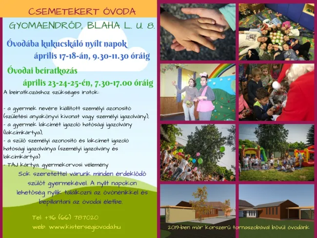 ÓVODAI NYÍLT NAPOK ÉS BEIRATKOZÁS - CSEMETEKERT ÓVODA