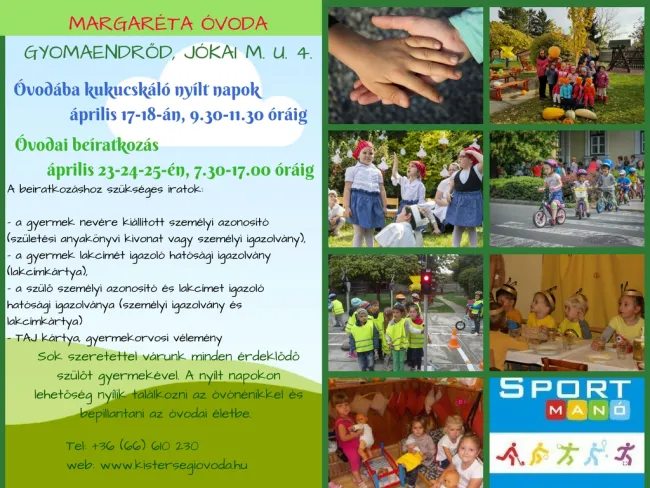 ÓVODAI NYÍLT NAPOK ÉS BEIRATKOZÁS - MARGARÉTA ÓVODA